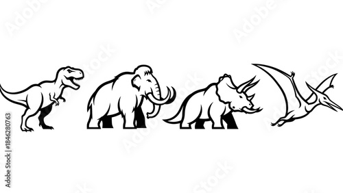Minimalist Black Prehistoric Animal Vector Set with Four Extinct Creatures