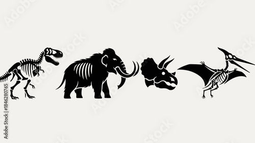 Minimalist Black Prehistoric Animal Vector Set with Four Extinct Creatures
