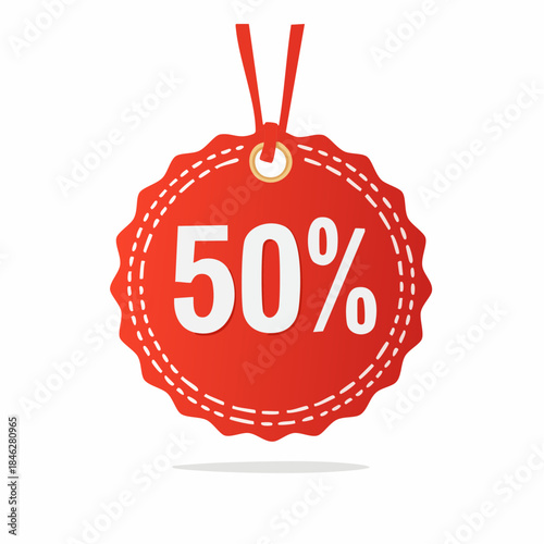 Eye-catching circular red tag prominently displaying '50%' off, ideal for announcing substantial discounts, limited-time offers, and special promotional sales events