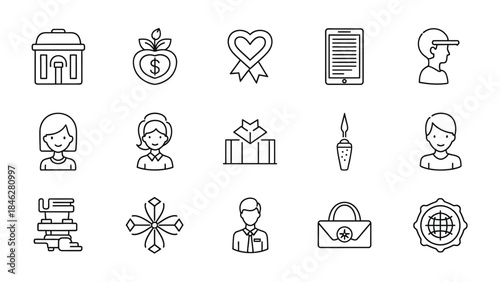Collection of fifteen minimalist black outline icons representing finance people technology awards and various objects for design