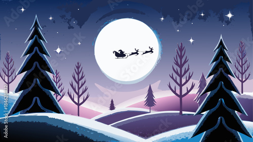 Santa's nighttime flight over snowy forest