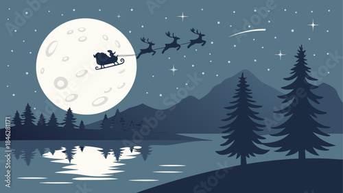 Santa's nighttime journey over a tranquil lake