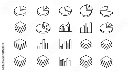 Collection of isometric line icons representing various data visualization elements like pie charts bar graphs and stacked layers for analytics