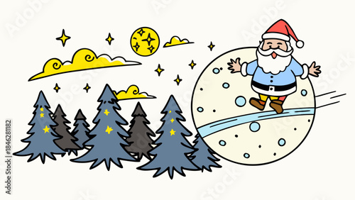 Santa claus surfing in winter wonderland