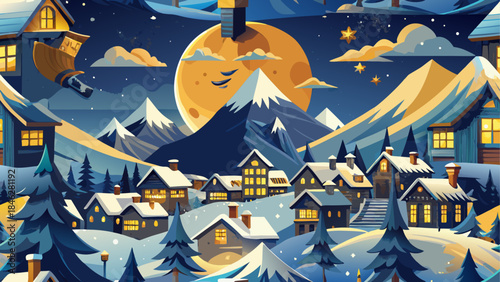 Snowy village under full moon
