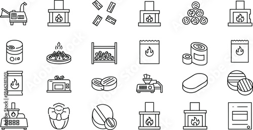 Heating, fuel, firewood, pellet, packaging, microwave, fireplace, wood chipper, canned food, energy icons, black line style, vector set