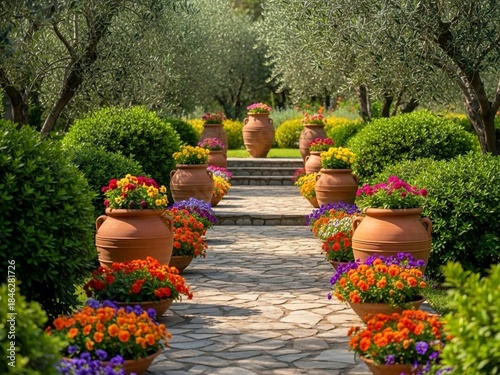 Serene Mediterranean Garden Pathway with Terracotta Pots and Vibrant Spring Flowers