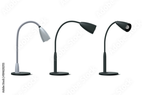Modern flexible desk lamp collection for office workspace, study desk, and minimalist interior lighting.