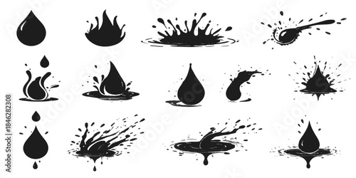 Set of black grunge ink splash and water drop vector icons, illustration, and pattern