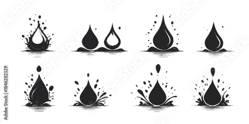 Vector set of liquid drops, including water, rain, fire, and blood, for clean aqua nature sign or shiny blue paint logo illustration design
