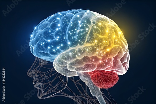 Colorful Brain Illustration Highlighting Neural Activity and Brain Regions for Education and Medical Use
