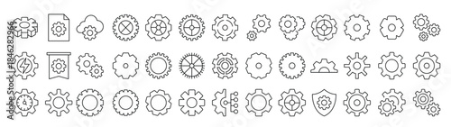 Mechanism and Settings Line Icon Set. Modern Collection for Design, Web Sites, Apps, Cards. Contains Linear Images of Gear