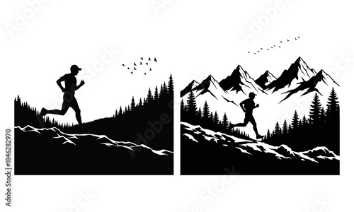 winter jogging silhouette set of mountains with snow pine trees and athlete outdoor activity