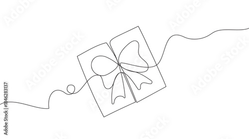 Continuous line drawing of an open gift box with a bow silhouette on transparent background