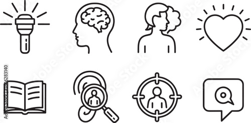 Collection of 9 minimalist outline icons representing ideas learning people and communication icon set