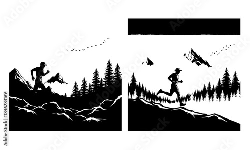 A captivating set of two black and white silhouettes depicting a jogger running through a snowy, forested landscape. The images convey a sense of motion and tranquility amidst the winter scenery.