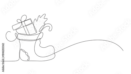 Minimalist christmas stocking with gifts one line drawing on transparent background silhouette