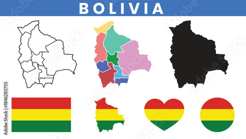 Bolivia Map Shapes and National Flag Vector SetBolivia Map Shapes and National Flag Vector Set