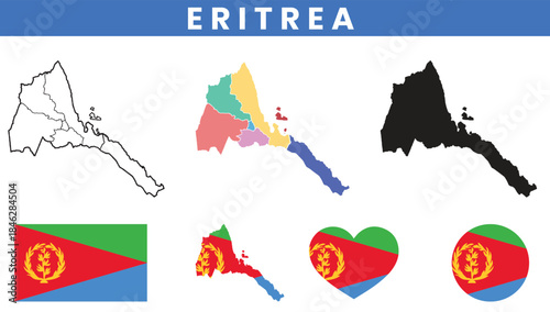 Eritrea map set with regions outline silhouette and national flag icons