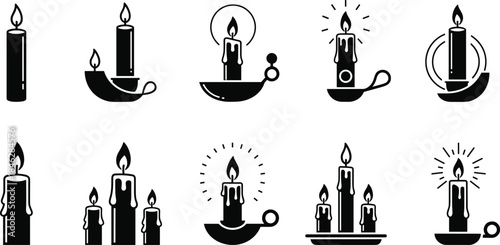 Collection of decorative candle silhouettes, burning wax candles, vintage lantern icons, spiritual light symbols, minimalist flame illustrations for design projects