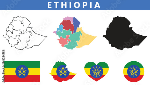 Ethiopia map set with regions outline silhouette and national flag icons