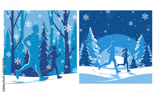 winter jogging silhouette scene set 