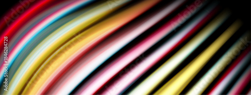 Abstract colorful stripes curve dynamically. Bright hues blend, creating vibrant visual energy. Smooth gradients suggest movement, depth.
