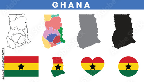 Ghana map set with regions outline silhouette and national flag icons