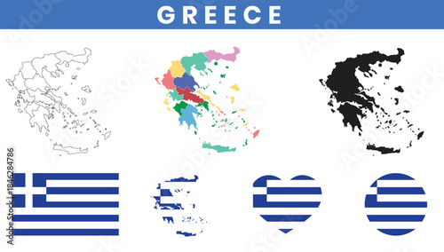 Greece map set with regions outline silhouette and national flag icons