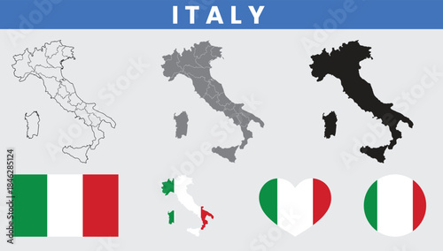 Italy map set with regions outline silhouette and national flag icons