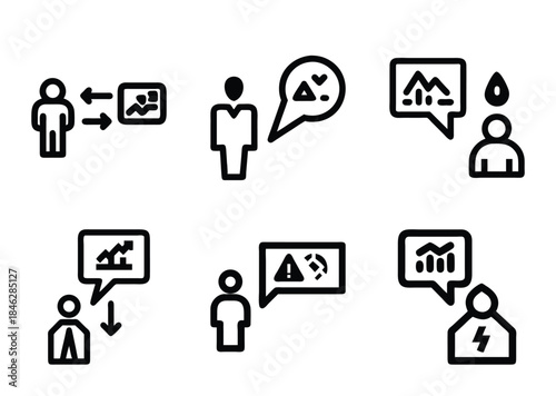 Business analysis and communication icons set with financial information diagrams