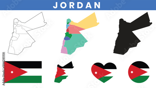 Jordan Map and Flag Vector Set with Governorate Outline, Silhouette, and Icon Shapes