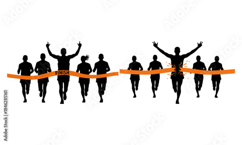 Winter Marathon Runners Silhouette Set Crossing Finish Line Tape