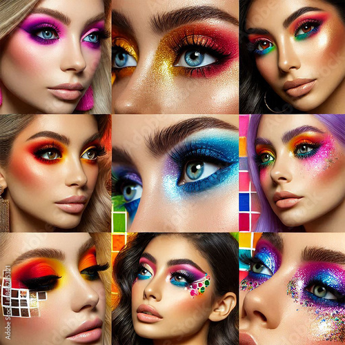 Vibrant Neon and Glitter Eye Makeup Artistic Collage with Professional Beauty Looks