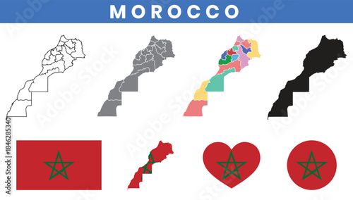 Kingdom of Morocco Map and Flag Vector Set