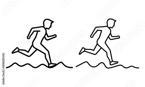 A set of two minimalist black and white silhouettes of runners jogging through a snowy landscape. The runners are depicted mid-stride, capturing the essence of winter exercise and athleticism.