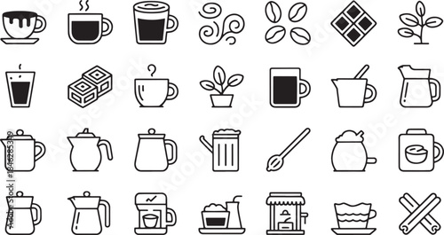 Collection of black and white minimalist outline icons related to coffee and beverages steam