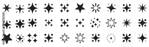 thirty black sparkle star twinkle icons set isolated