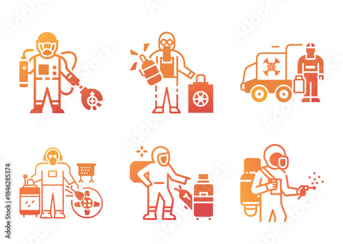 Symbols showcasing hazmat suited individuals with equipment related to biohazard containment