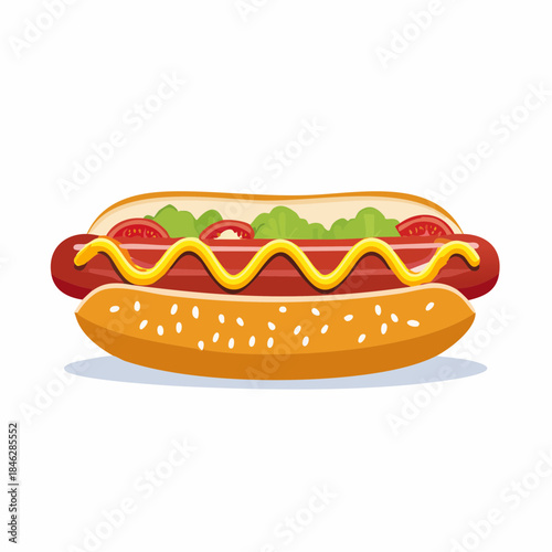 Classic Delicious Hot Dog with Mustard, Ketchup, and Lettuce on a Sesame Seed Bun, Perfect for a Quick Meal or Snack