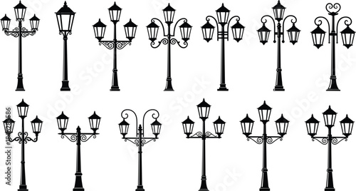 Vintage street lamp silhouettes, ornate lantern designs, classic iron lamp posts, decorative outdoor lighting icons for architecture, urban scenes, vector illustration