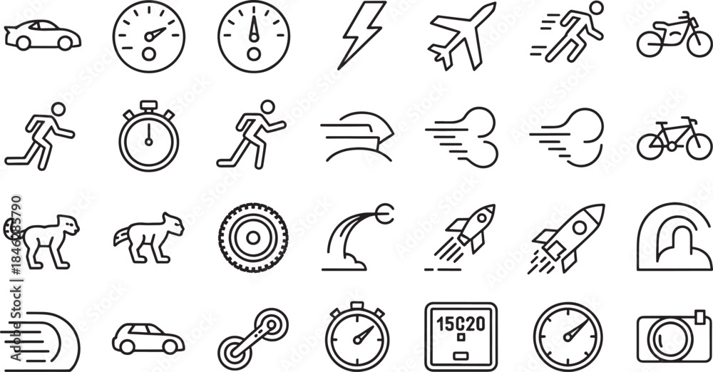 Naklejka premium Collection of black outline icons depicting speed movement and transportation speedometer airplane