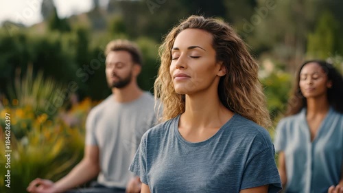 People meditate together in a tranquil garden, focusing on mindfulness and stress relief. The peaceful outdoor environment enhances their connection to nature and promotes emotional well being