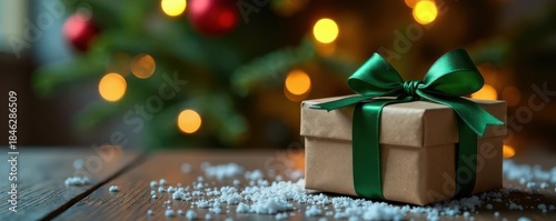 Green bow atop gift box, Christmas tree lights background Festive winter holiday scene , packaging, winter wonderland