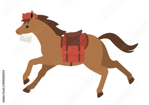 手紙をくわえて走る帽子をかぶった馬のフラットなイラスト
