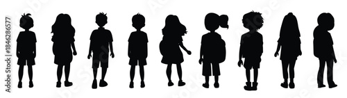 vector silhouette of back view children going to school 