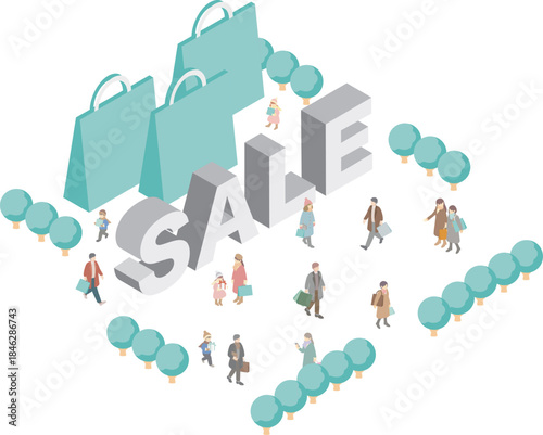 Isometric vector illustration of large "SALE" text and shopping bags, concept of retail promotion and shopping