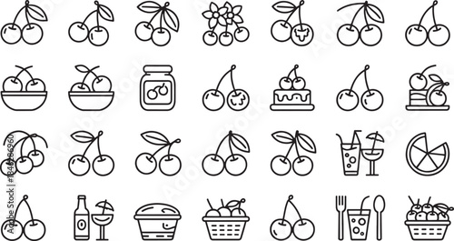 Collection of minimalist black outline icons featuring cherries and related food and drink items cherry