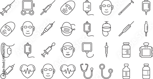 Collection of minimalist black outline medical and health icons syringe capsule
