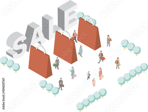 Isometric vector illustration of large "SALE" text and shopping bags, concept of retail promotion and shopping